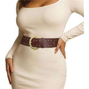 Wide Chunky Studded Brown Leather Vintage Style Waist Belt with Brass Buckle